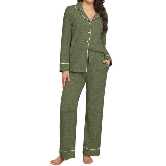 MINTREUS Women's Pajama Sets Knit Long Sleeve Button Down Pjs Soft Sleepwear Lounge Sets with Pockets