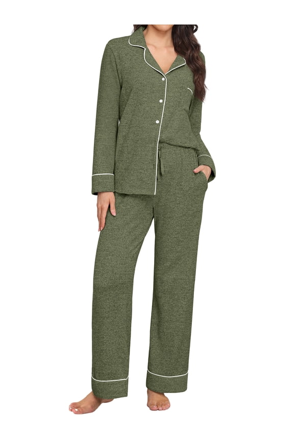 Women's Pajama Sets Knit Long Sleeve Button Down Pjs Soft Sleepwear Lounge Sets with Pockets