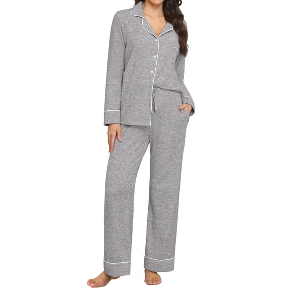 MINTREUS Women's Pajama Sets Knit Long Sleeve Button Down Pjs Soft Sleepwear Lounge Sets with Pockets