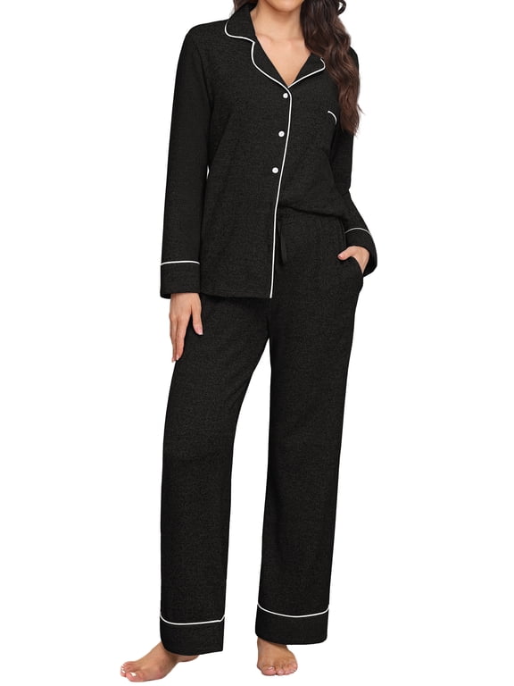 Women's Cloud-Soft Fleece Pajama Sets Long Sleeve Button Down Pjs Fall and Winter Sleepwear Lounge Sets with Pockets