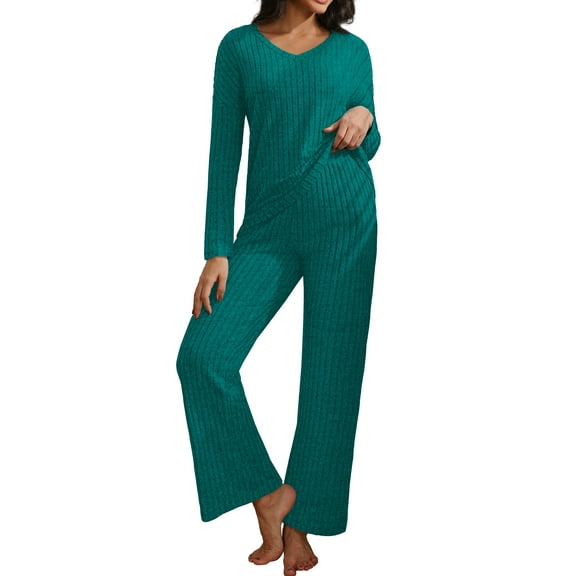 MINTREUS Women's Pajama Sets Long Sleeve V Neck Lounge Sets Soft Ribbed knit Sleepwear 2 Piece Pjs Set