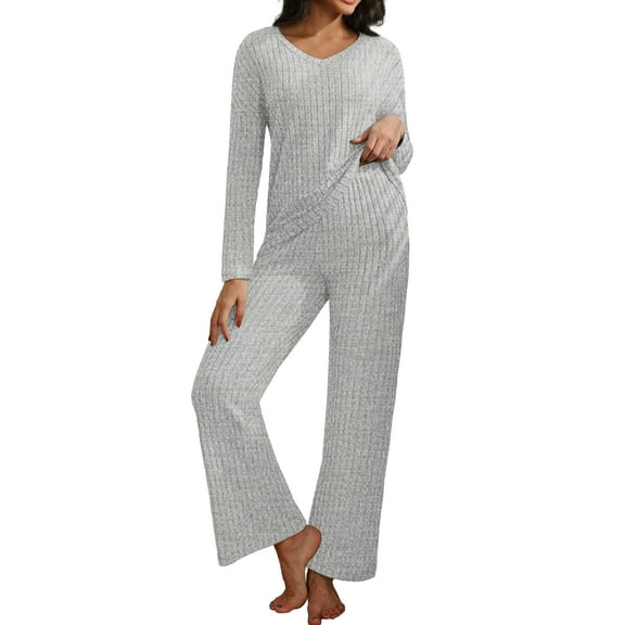 MINTREUS Women's Pajama Sets Long Sleeve V Neck Lounge Sets Soft Ribbed knit Sleepwear 2 Piece Pjs Set