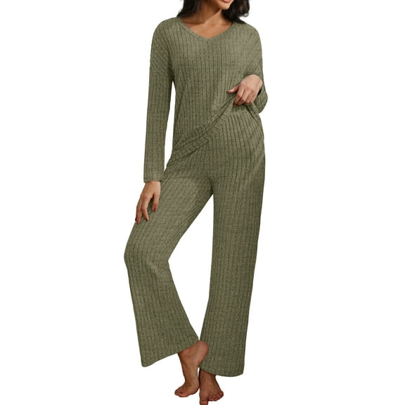 MINTREUS Women's Pajama Sets Long Sleeve V Neck Lounge Sets Soft Ribbed knit Sleepwear 2 Piece Pjs Set