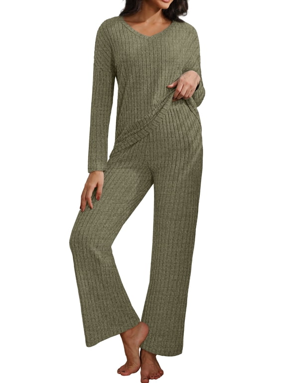 Women's Pajama Sets Long Sleeve V Neck Lounge Sets Soft Ribbed knit Sleepwear 2 Piece Pjs Set