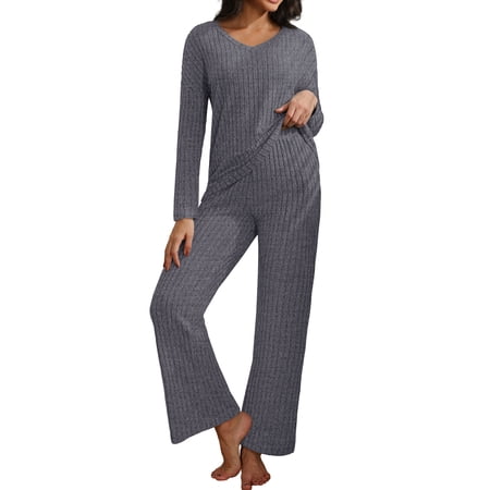 MINTREUS Women's Pajama Sets Long Sleeve V Neck Lounge Sets Soft Ribbed knit Sleepwear 2 Piece Pjs Set