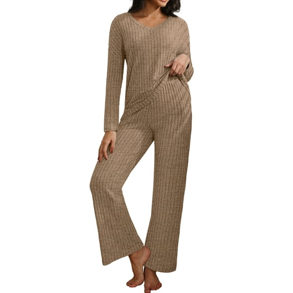 MINTREUS Women's Pajama Sets Long Sleeve V Neck Lounge Sets Soft Ribbed knit Sleepwear 2 Piece Pjs Set