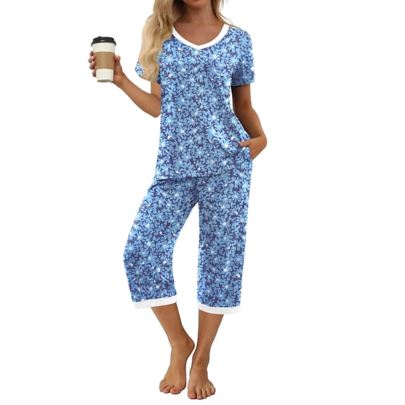 MINTREUS Women's Pajama Sets Short Sleeve Shirt and Capri Soft Pajama Sets with Pockets M-4XL