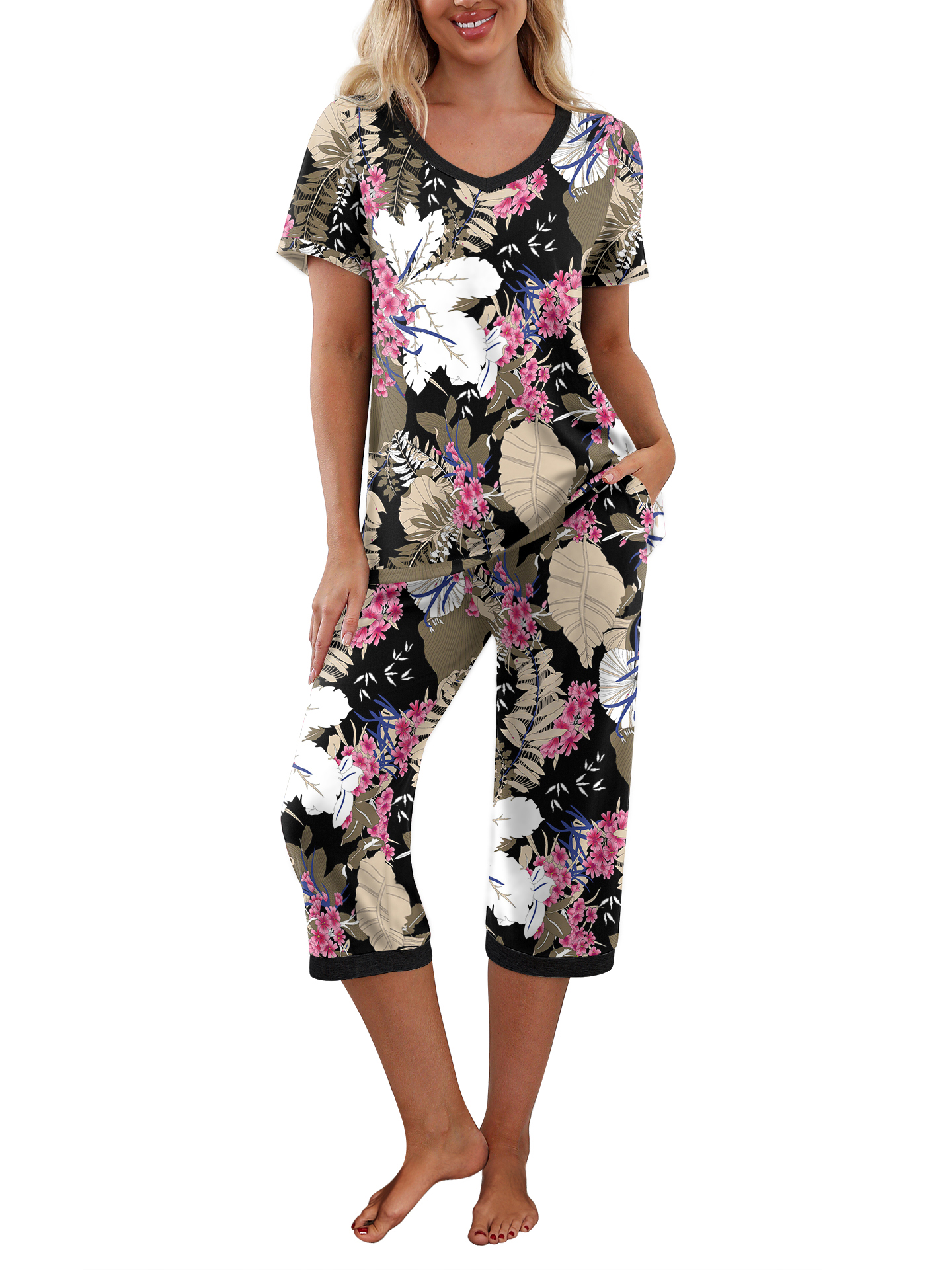 MINTREUS Women's Pajama Sets Short Sleeve Shirt and Capri Soft Pajama