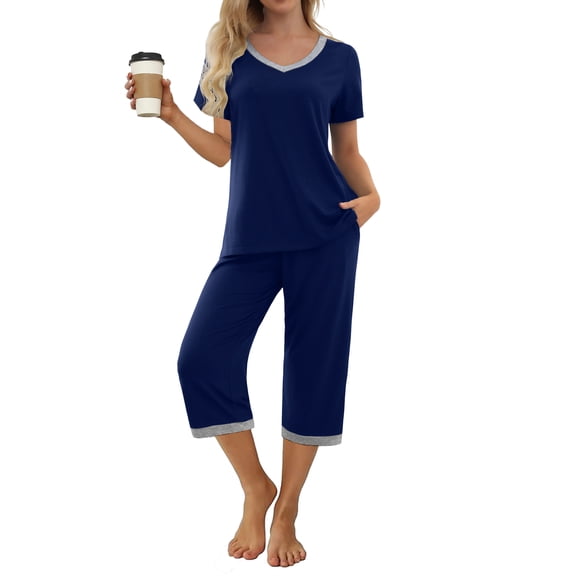 MINTREUS Women's Pajama Sets Short Sleeve Shirt and Capri Soft Pajama Sets with Pockets S-4XL