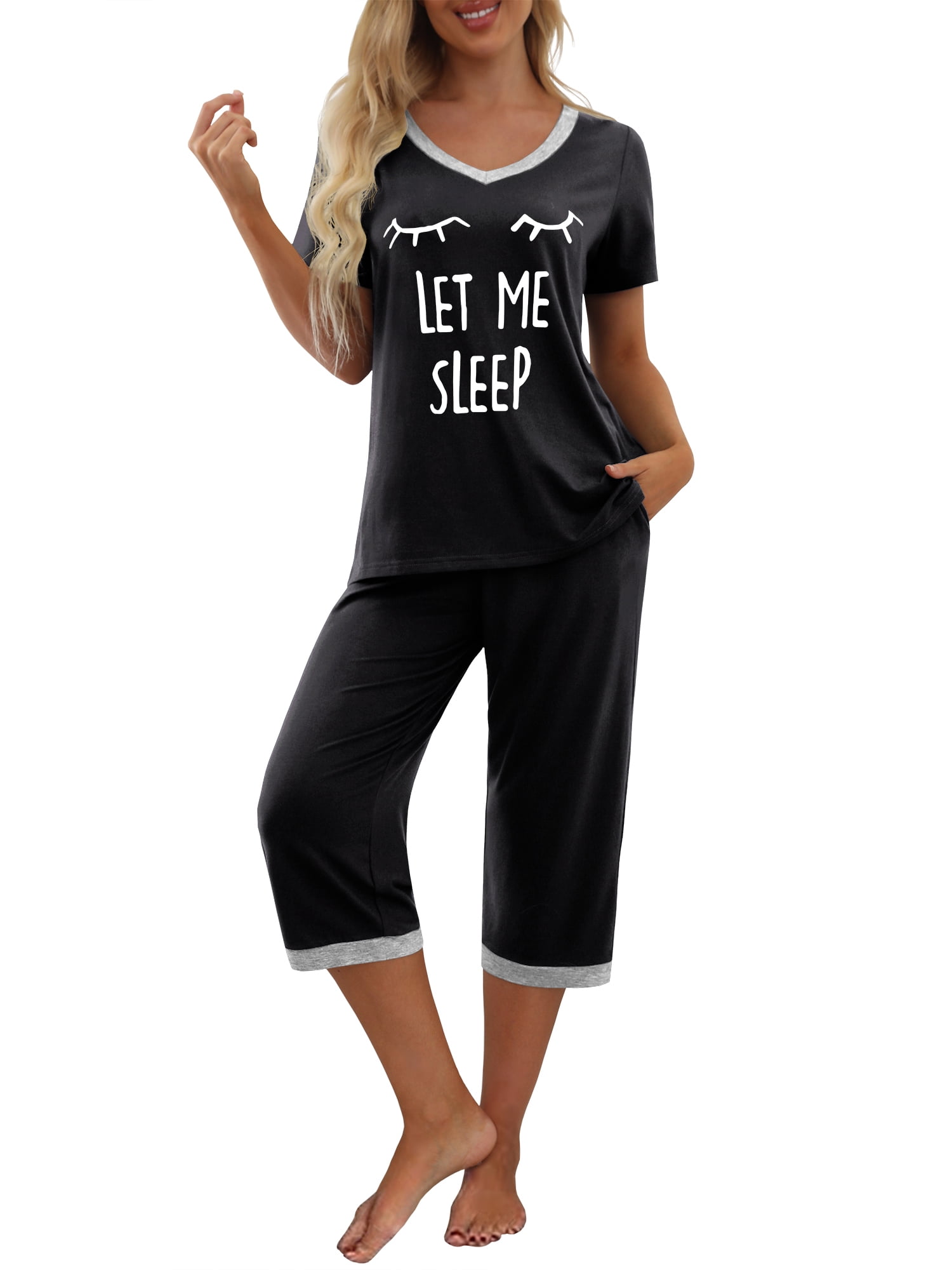 MINTREUS Women's Pajama Sets Short Sleeve Shirt and Capri Soft Pajama