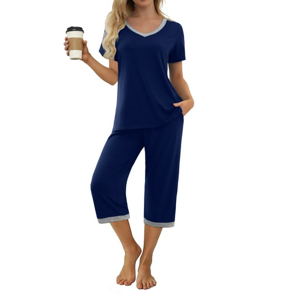 MINTREUS Women's Pajama Sets Short Sleeve Shirt and Capri Soft Pajama Sets with Pockets S-4XL