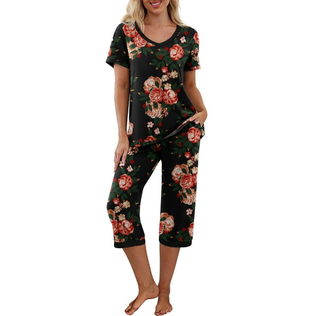 MINTREUS Women's Pajama Sets Short Sleeve Shirt and Capri Soft Pajama