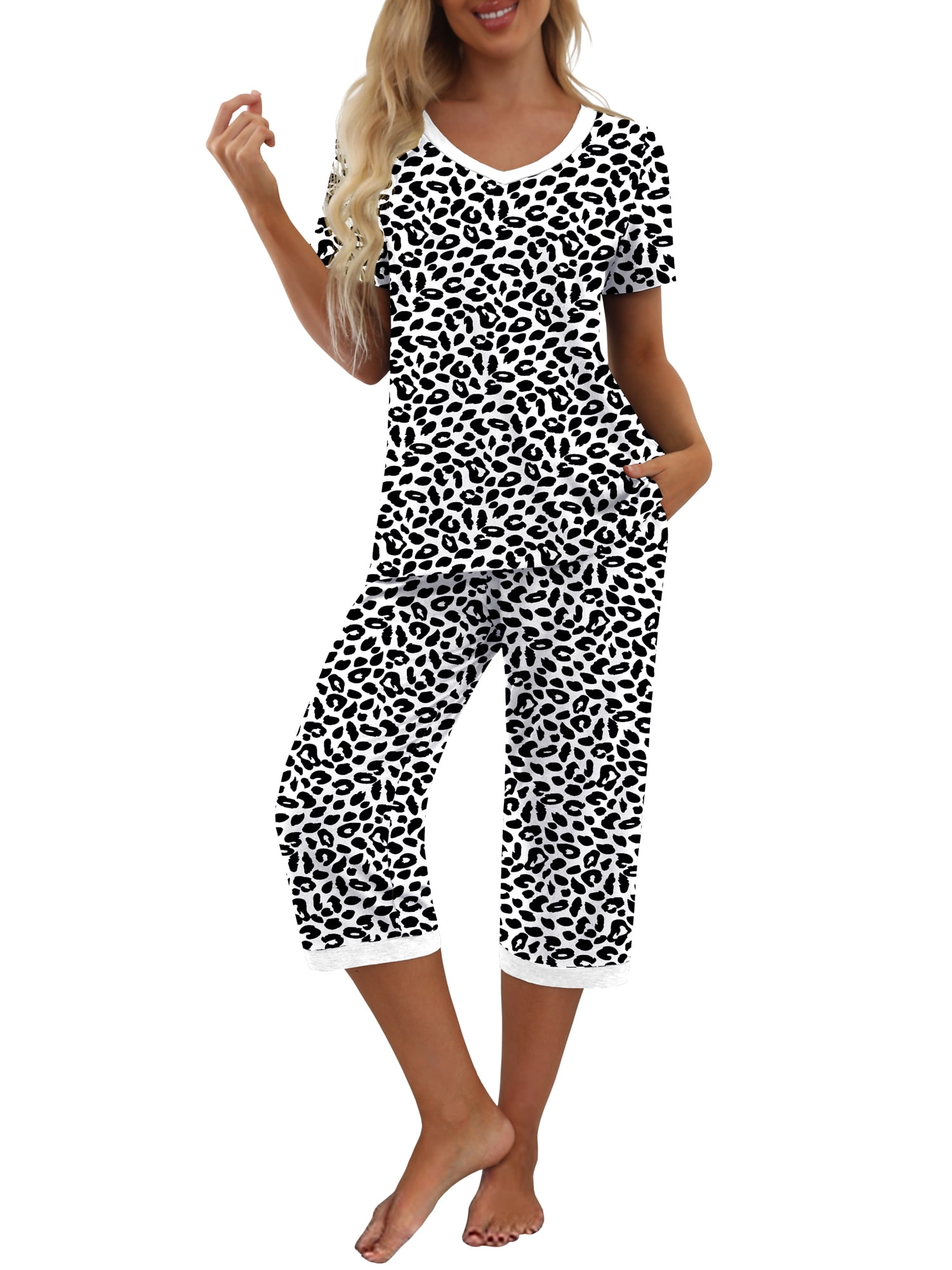 MINTREUS Women's Pajama Sets Short Sleeve Shirt and Capri Soft Pajama