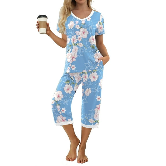 MINTREUS Women's Pajama Sets Short Sleeve Shirt and Capri Soft Pajama Sets with Pockets S-4XL