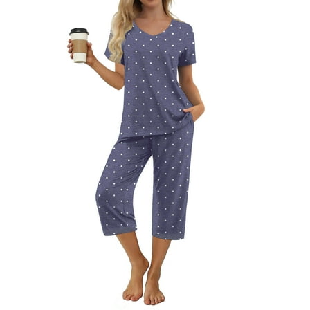 MINTREUS Women's Pajama Sets Short Sleeve Shirt and Capri Soft Pajama Sets with Pockets S-4XL