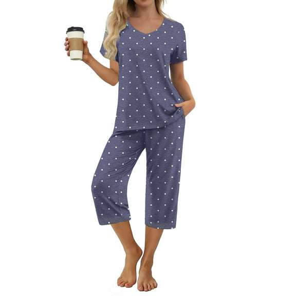 MINTREUS Women's Pajama Sets Short Sleeve Shirt and Capri Soft Pajama Sets with Pockets