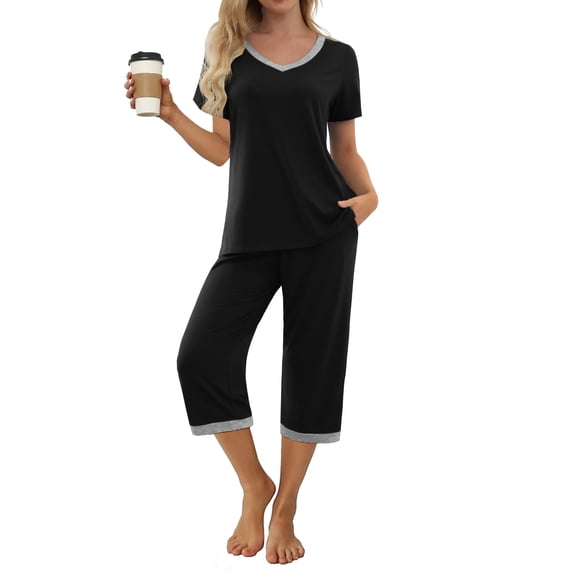 MINTREUS Women's Pajama Sets Short Sleeve Shirt and Capri Soft Pajama Sets with Pockets S-4XL