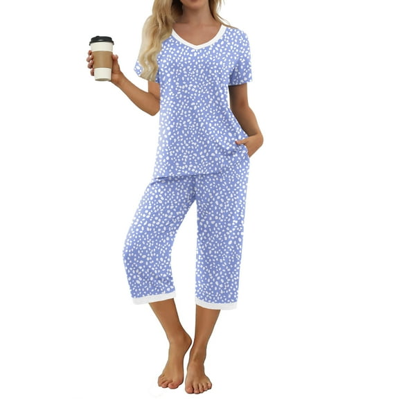 MINTREUS Women's Pajama Sets Short Sleeve Shirt and Capri Soft Pajama Sets with Pockets S-4XL