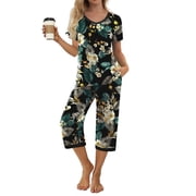MINTREUS Womens Pajama Sets Short Sleeve Shirt and Capri Soft Pajama Sets with Pockets S-4XL