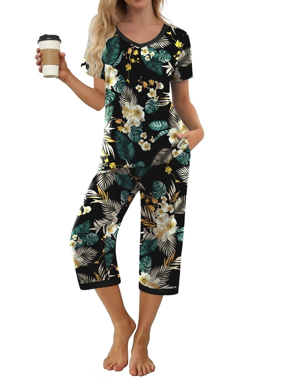 Women's Pajama Sets Short Sleeve Shirt and Capri Soft Pajama Sets with Pockets S-4XL
