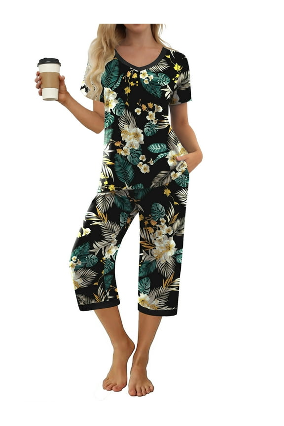 Women's Pajama Sets Short Sleeve Shirt and Capri Soft Pajama Sets with Pockets S-4XL