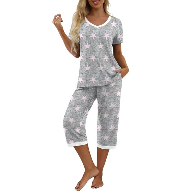 MINTREUS Women's Pajama Sets Short Sleeve Shirt and Capri Soft Pajama