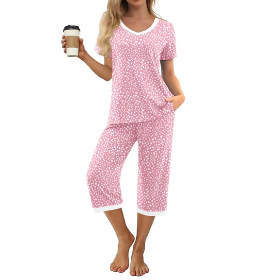 MINTREUS Women's Pajama Sets Short Sleeve Shirt and Capri Soft Pajama Sets with Pockets M-4XL