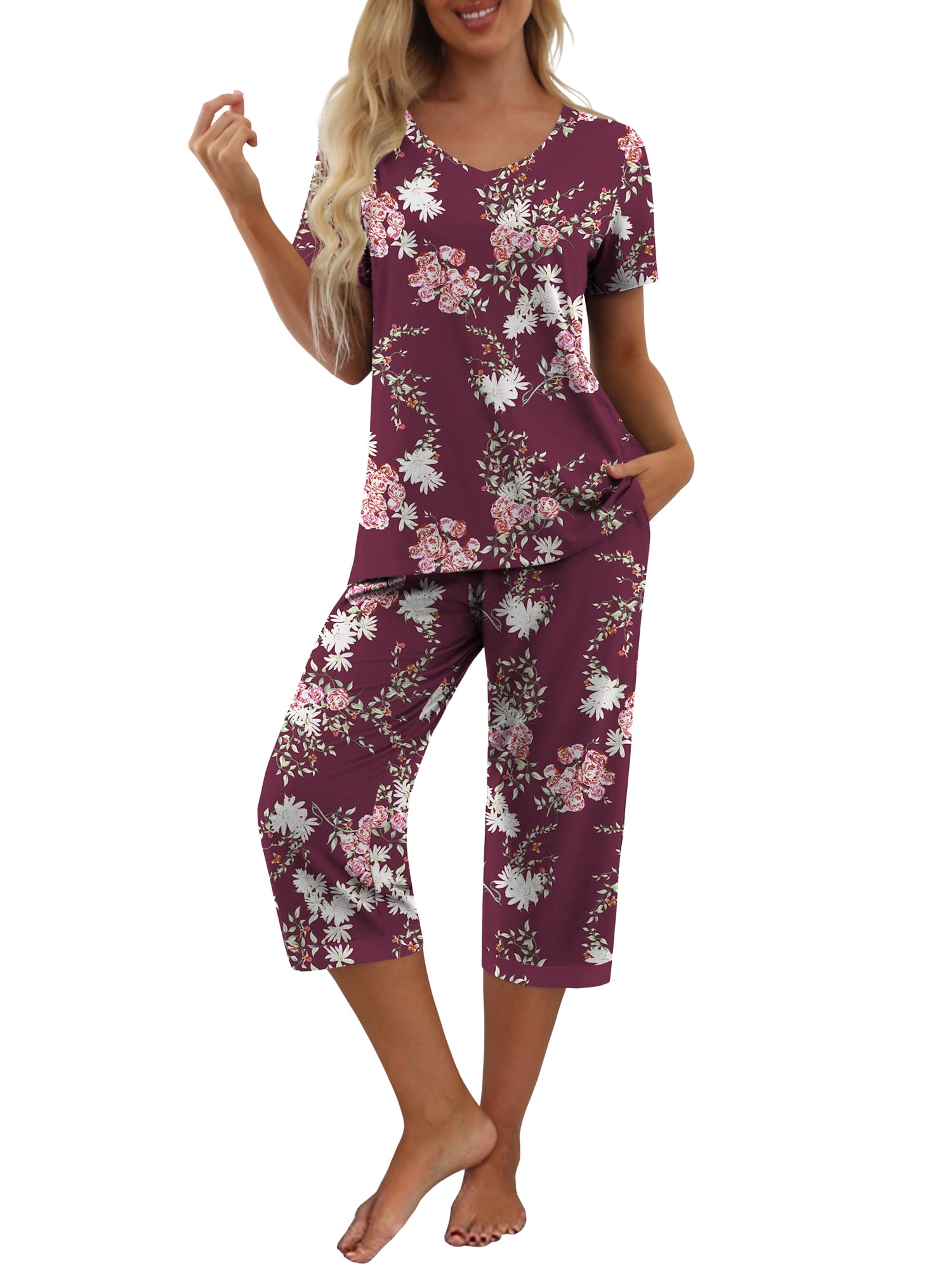 MINTREUS Women's Pajama Sets Short Sleeve Shirt and Capri Soft Pajama