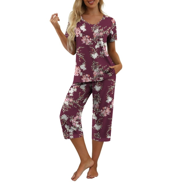 MINTREUS Women's Pajama Sets Short Sleeve Shirt and Capri Soft Pajama