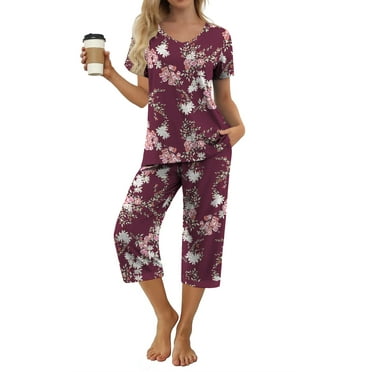 MINTREUS Women's Pajama Sets Short Sleeve Shirt and Capri Soft Pajama Sets with Pockets