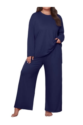 Plus Size Lounge Sets for Women Long Sleeve Tops and Long Pants Soft Comfy Pajamas Set Oversized 2 Piece Outfits 1X-5X