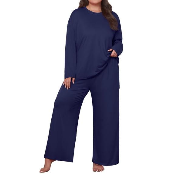 MINTREUS Plus Size Lounge Sets for Women Long Sleeve Tops and Long Pants Soft Comfy Pajamas Set Oversized 2 Piece Outfits 1X-5X