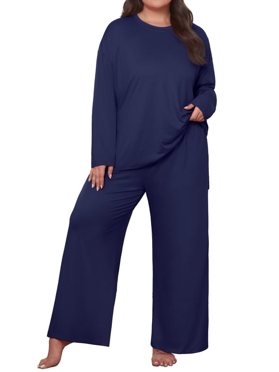 Plus Size Lounge Sets for Women Long Sleeve Tops and Long Pants Soft Comfy Pajamas Set Oversized 2 Piece Outfits 1X-5X