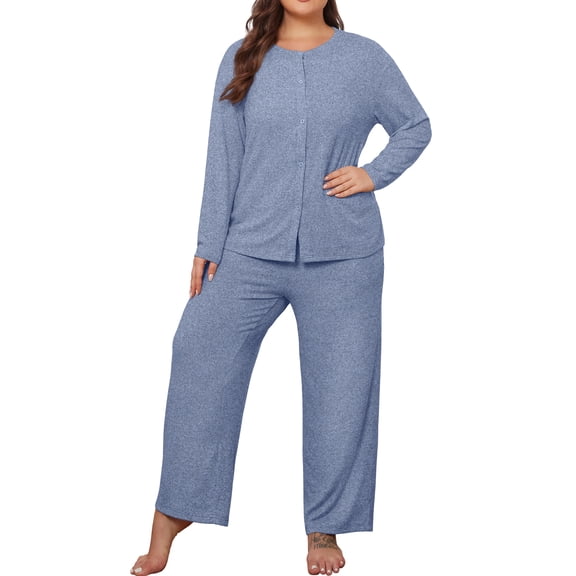 MINTREUS Women's Plus Pajamas Set Long Sleeve Sleepwear Fall Winter 2 Piece Lounge Set Long Sleeve Pjs
