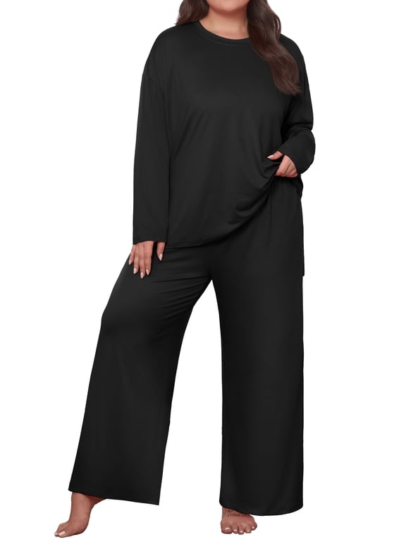 Plus Size Lounge Sets for Women Long Sleeve Tops and Long Pants Soft Comfy Pajamas Set Oversized 2 Piece Outfits 1X-5X