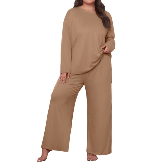 MINTREUS Plus Size Lounge Sets for Women Long Sleeve Tops and Long Pants Soft Comfy Pajamas Set Oversized 2 Piece Outfits 1X-5X