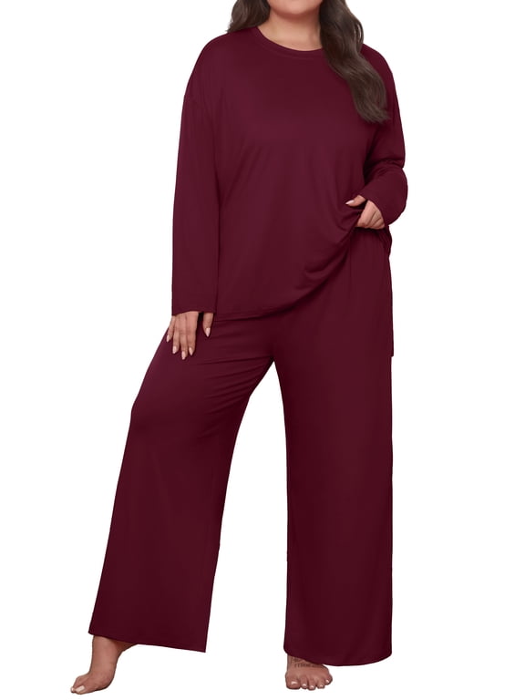 Plus Size Lounge Sets for Women Long Sleeve Tops and Long Pants Soft Comfy Pajamas Set Oversized 2 Piece Outfits 1X-5X