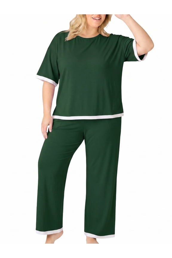 Lounge Sets for Women Plus Size Pajamas Neck Pullover Top Wide-Leg Pants Women's PJ Casual Set 1X-5X