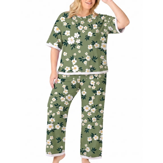 MINTREUS Lounge Sets for Women Plus Size Pajamas Neck Pullover Top Wide-Leg Pants Women's PJ Casual Set 1X-5X