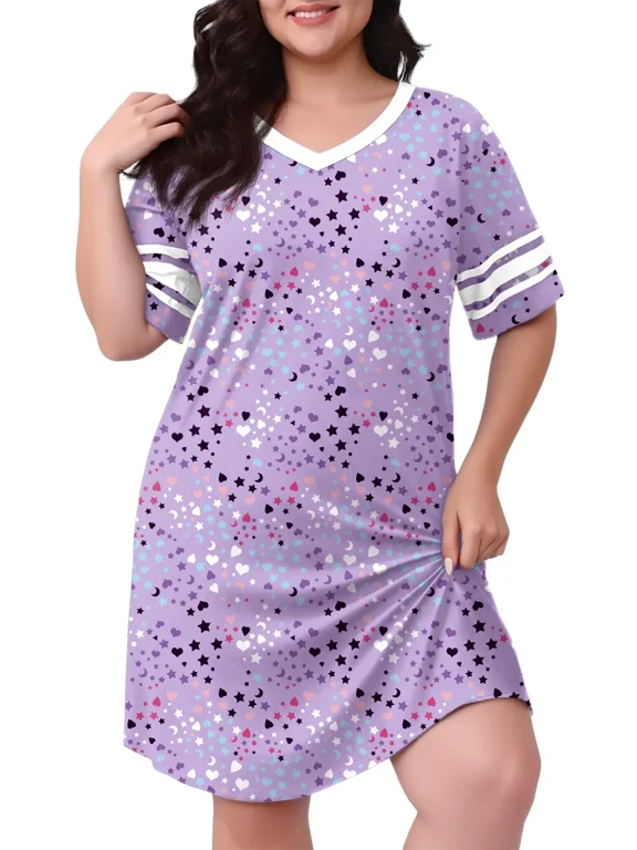 Women's Plus Size Nightgown Short Sleeve Nightshirt V Neck Sleep Shirt Loose Loungewear Casual Sleepwear 1X-5X