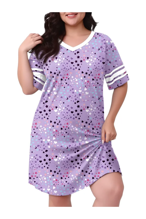 Women's Plus Size Nightgown Short Sleeve Nightshirt V Neck Sleep Shirt Loose Loungewear Casual Sleepwear 1X-5X