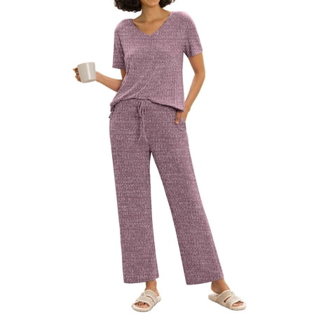 MINTREUS Women's Ribbed Knit Pajama Set Soft Lounge Set Lightweight Sleepwear Two Piece Matching Outfits Set