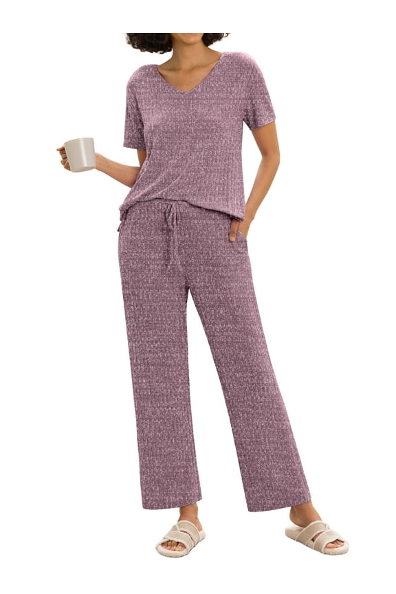 Women's Ribbed Knit Pajama Set Soft Lounge Set Lightweight Sleepwear Two Piece Matching Outfits Set