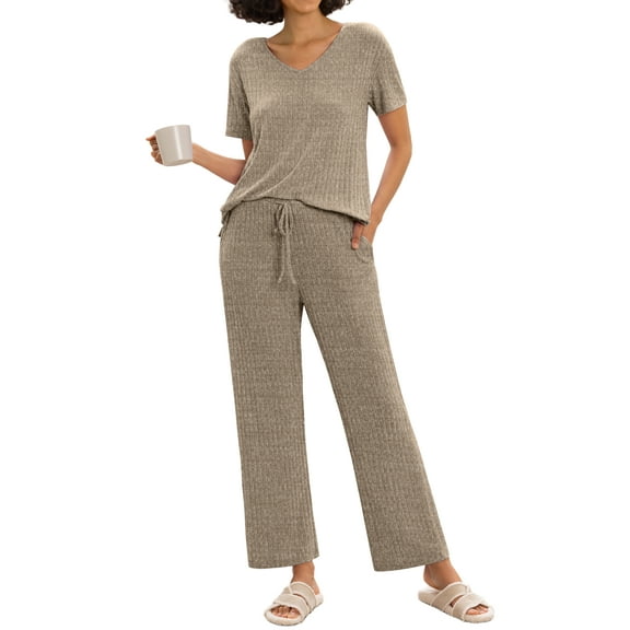 MINTREUS Women's Ribbed Knit Pajama Set Soft Lounge Set Lightweight Sleepwear Two Piece Matching Outfits Set
