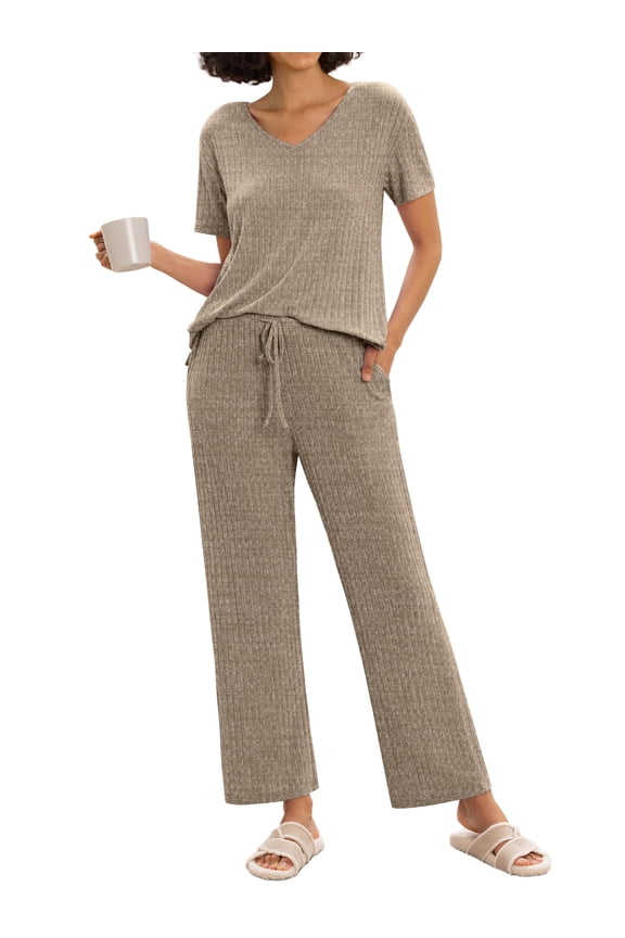 Women's Ribbed Knit Pajama Set Soft Lounge Set Lightweight Sleepwear Two Piece Matching Outfits Set