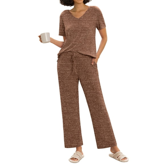 MINTREUS Women's Ribbed Knit Pajama Set Soft Lounge Set Lightweight Sleepwear Two Piece Matching Outfits Set