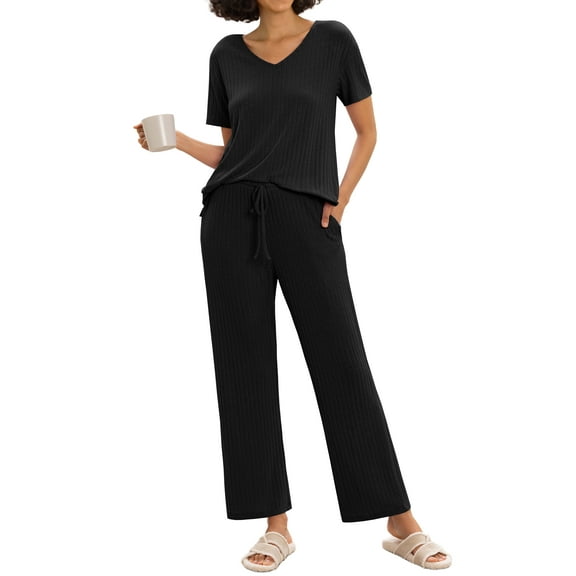 MINTREUS Women's Ribbed Knit Pajama Set Soft Lounge Set Lightweight Sleepwear Two Piece Matching Outfits Set