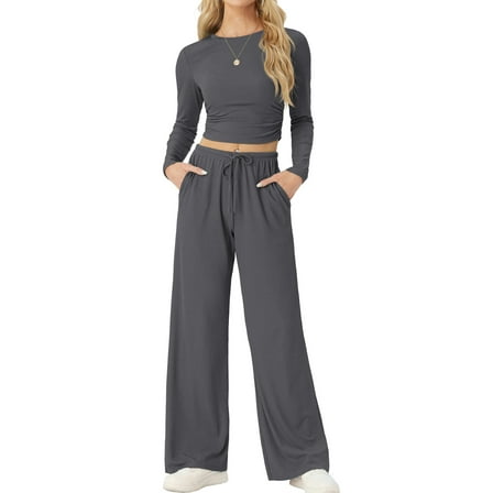 MINTREUS Lounge Sets for Women Long Sleeve Tops Wide Leg Pants Comfy Loungewear Two Piece Outfits with Pocketed