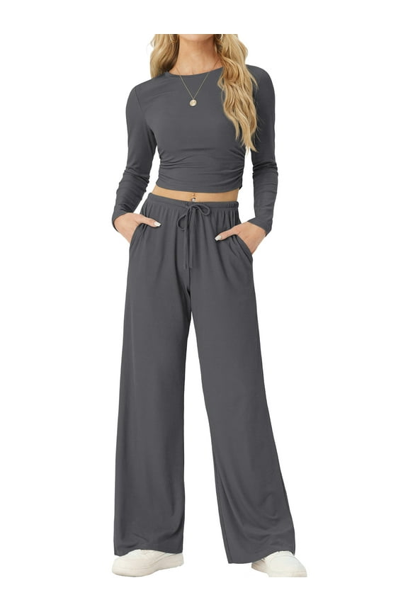 Lounge Sets for Women Long Sleeve Tops Wide Leg Pants Comfy Loungewear Two Piece Outfits with Pocketed