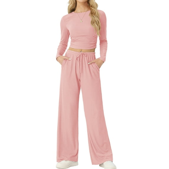 MINTREUS Lounge Sets for Women Long Sleeve Tops Wide Leg Pants Comfy Loungewear Two Piece Outfits with Pocketed